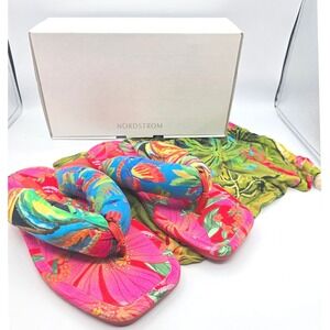 Farm Rio Multi Scarf Padded Thong Sandals Tropical‎ Parrot Print Size 10 NEW